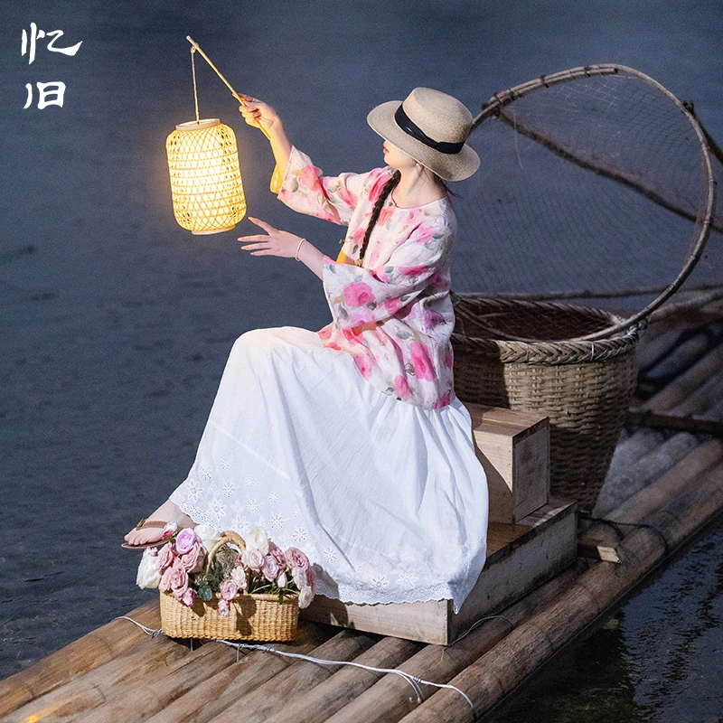 清750【花间明月】文艺圆领偏襟开衫女春季百搭宽松亚麻印花上衣