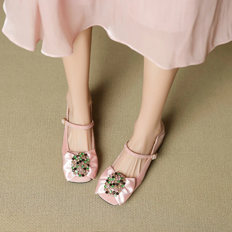 春秋方头粗跟中跟玛丽珍鞋浅口单鞋女蝴蝶结橘红色粉红色真皮鞋YS