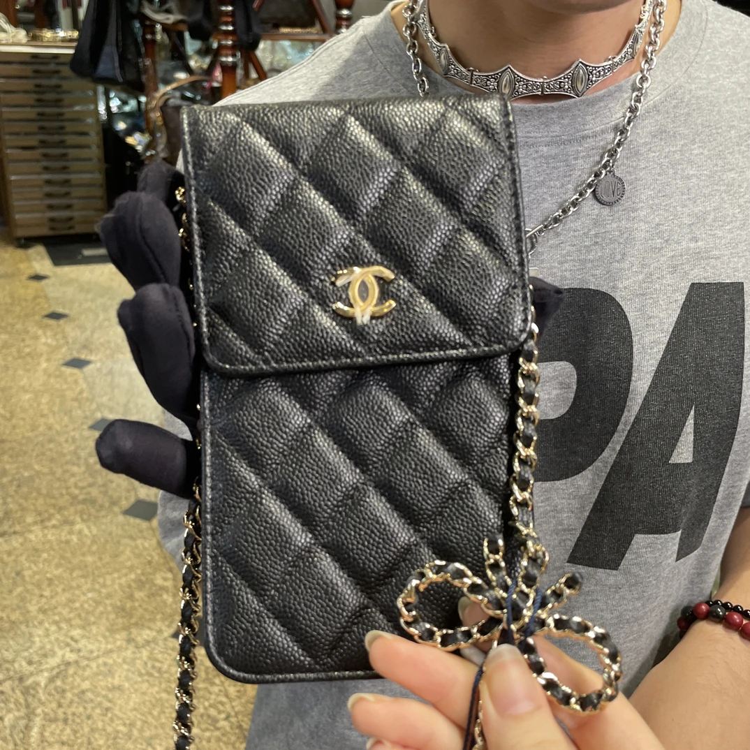 95新 Chanel/香奈儿 夏七中古/黑色蝴蝶结手机包