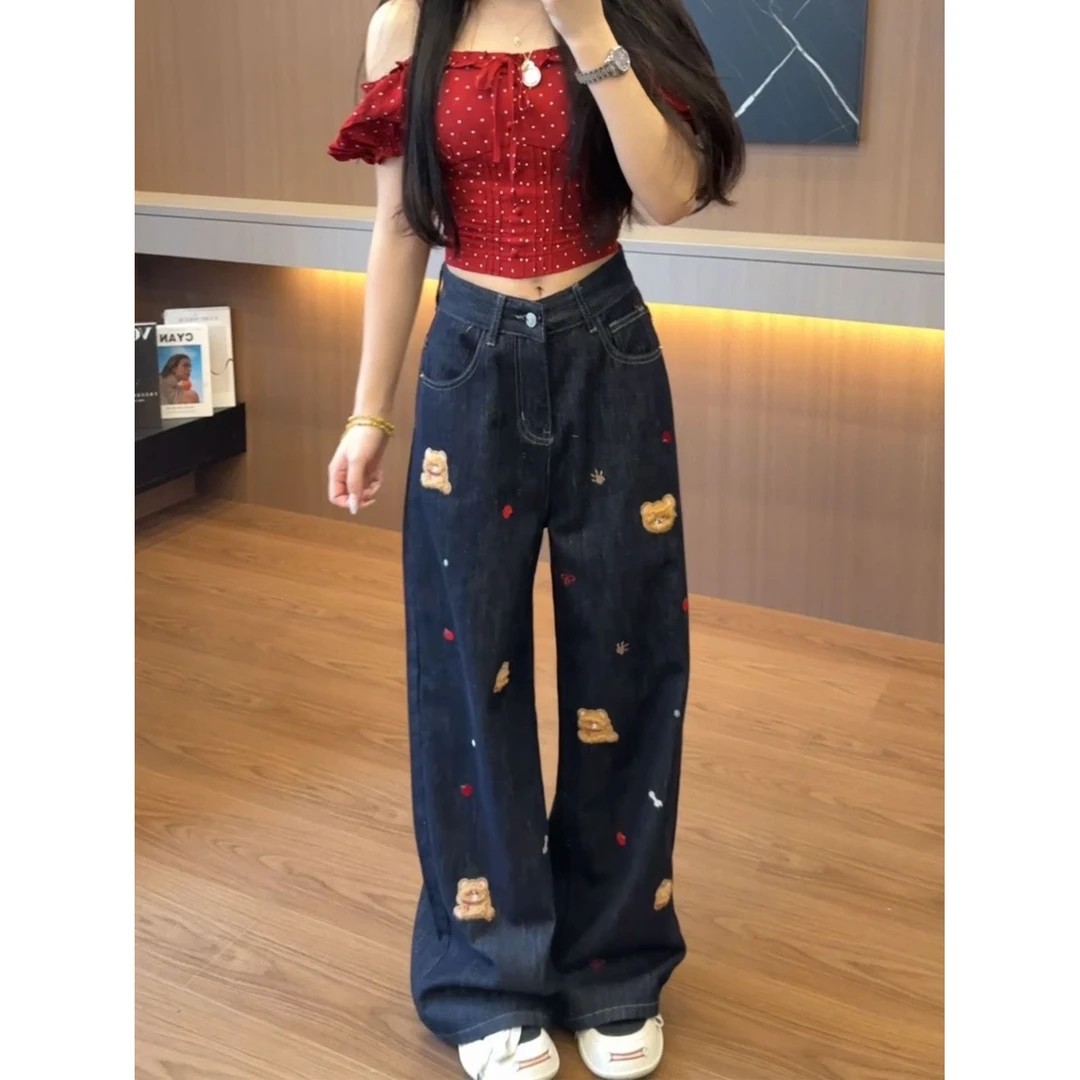 专属美式小熊贴布刺绣牛仔裤女秋季百搭设计感阔腿长裤直筒拖地裤