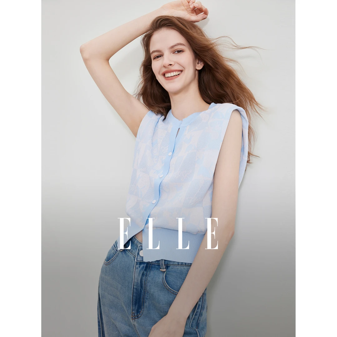 ELLE法式棋盘格无袖针织短袖女2025夏季新款设计感EZ51581