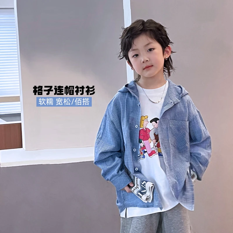 新品时尚连帽春季衬衫中大童春款洋气男童休闲宽松格子503292O2