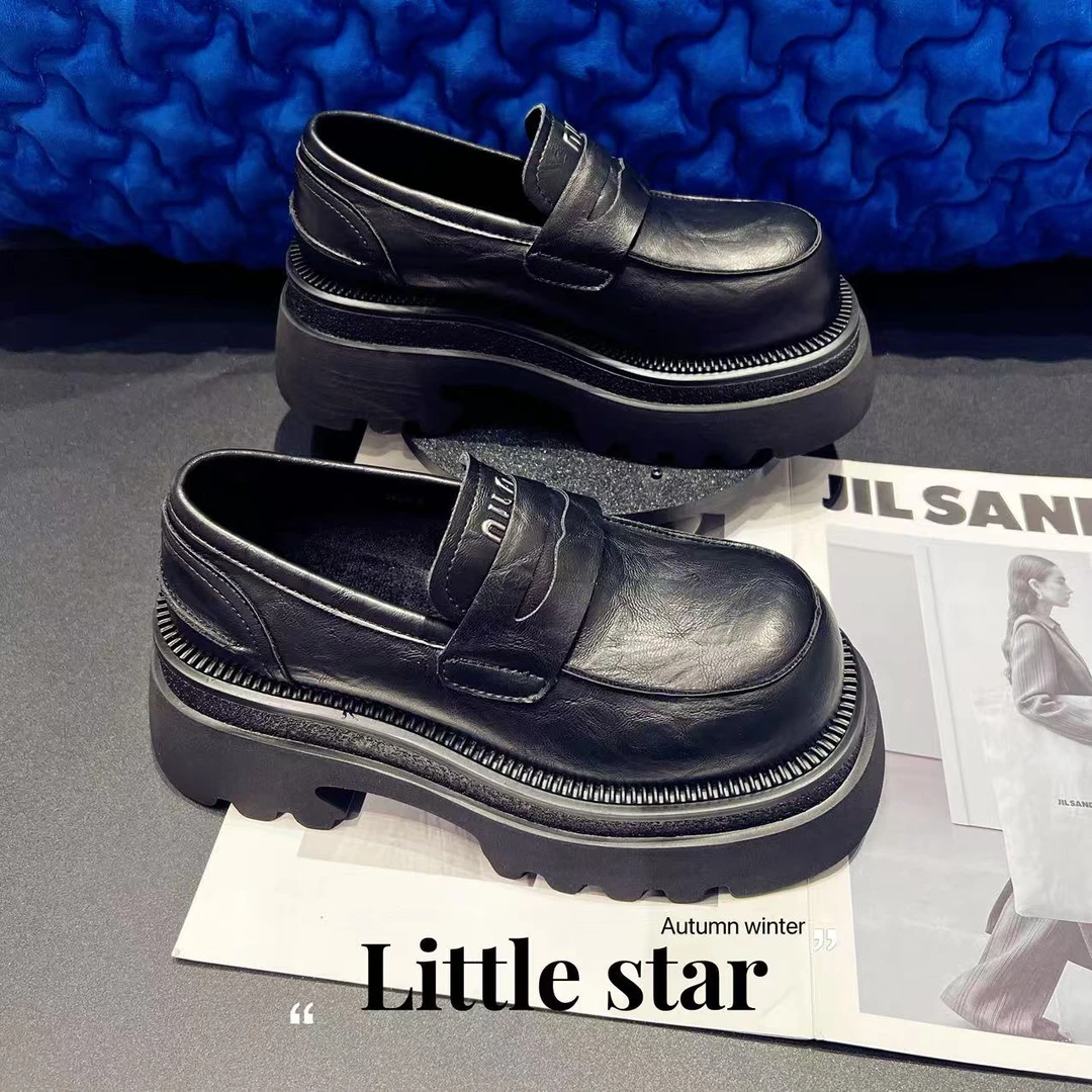 T8 欧货大头小皮鞋女英伦风圆头厚底松糕鞋增高深口单鞋