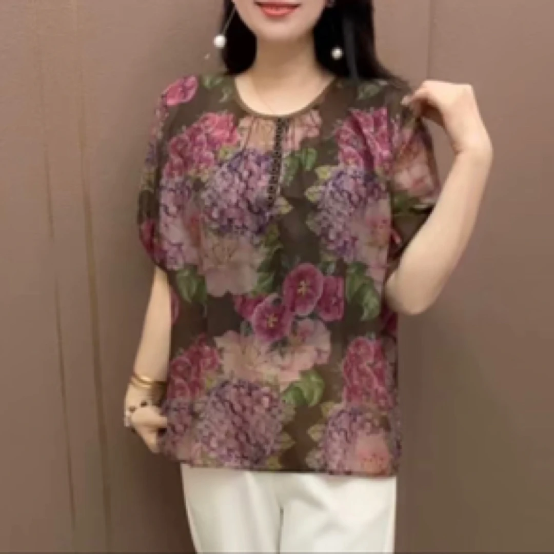 夏季大码宽松印花圆领短袖雪纺衫薄纱百搭花衫