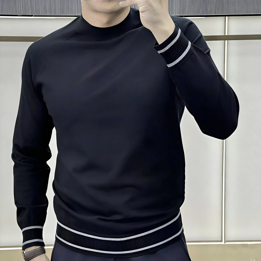 轻奢男士商务休闲条纹半高领针织衫秋冬修身百搭打底保暖毛衣男