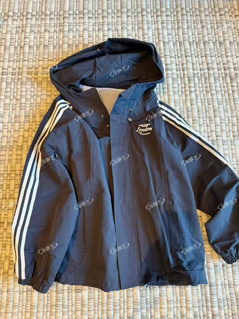 【张静芝】三条杠字母连帽藏蓝色宽松外套