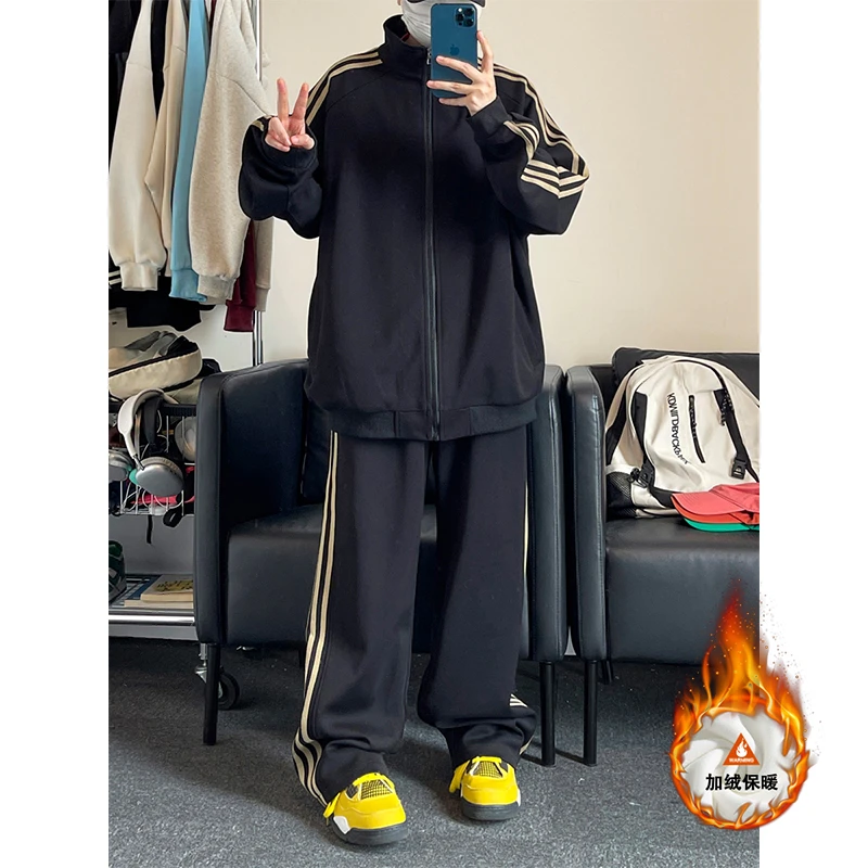 美式复古三条杠男士秋冬外套卫衣卫裤休闲宽松加绒加厚一整套情侣