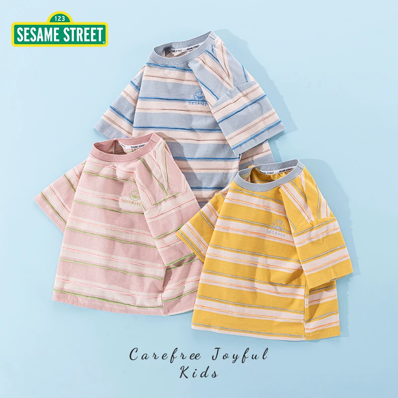 【ZB】芝麻街夏季新款儿童简约条纹百搭T恤ZMXA091