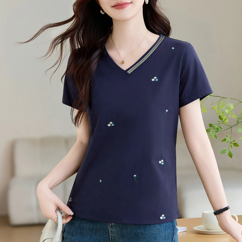 2025夏季新款V领正肩T恤宽松显瘦拼接时髦短袖百搭休闲爆款上衣女
