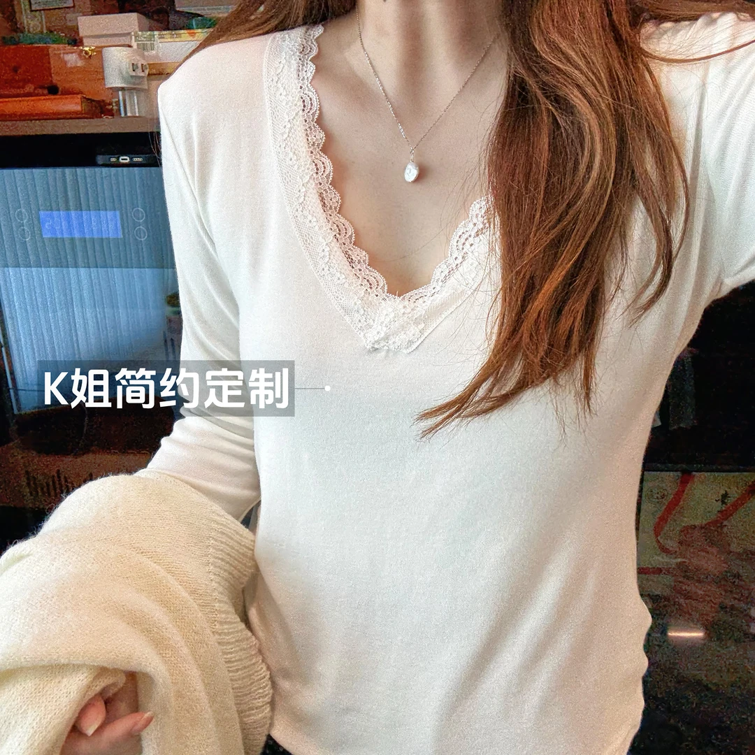 GTNER“KK定制”早秋新款蕾丝拼接V领打底衫显瘦百搭长袖T恤D2064