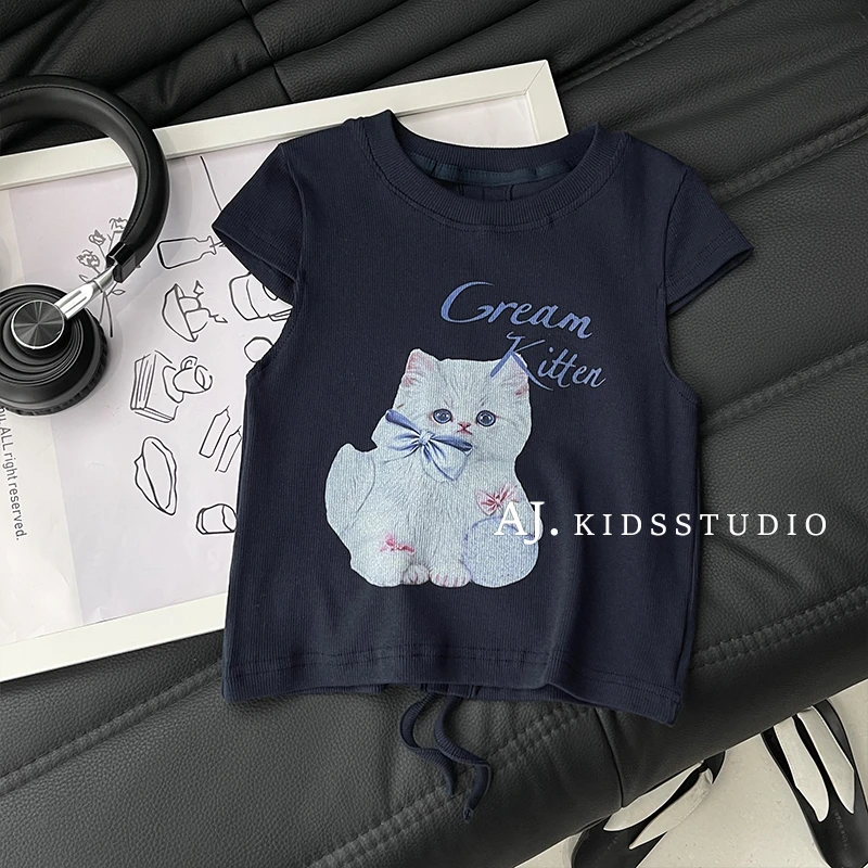 现【软萌喵】阿卷2025夏装韩版儿童时尚猫咪印花休闲短袖T恤MPG6161