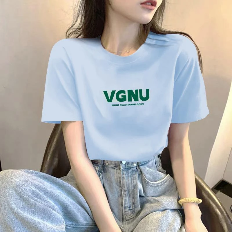 法乐琪浅蓝色夏季宽松显瘦减龄短袖t恤2025新款时尚美式圆领上衣