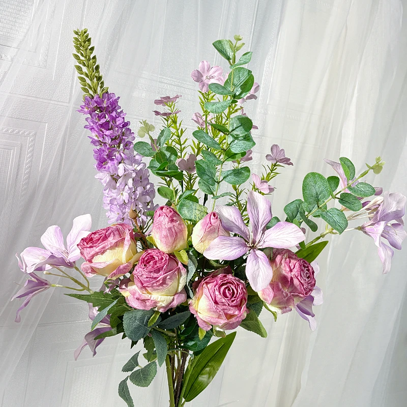 紫色焦边大头复古风格真玫瑰花束客厅餐桌摆设装饰花