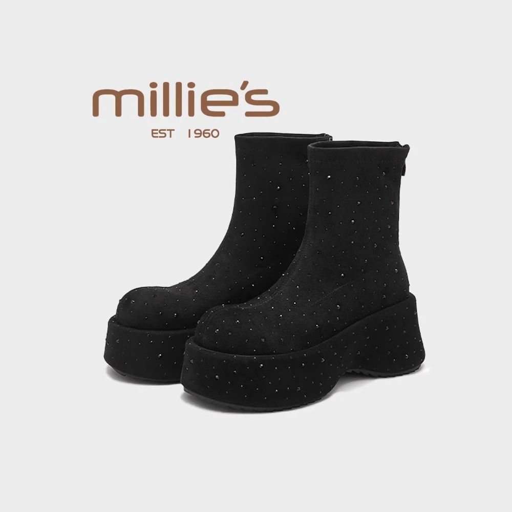 MILLIE'S/妙丽厚底黑色弹力靴加绒加厚复古短筒瘦瘦机车靴冬季