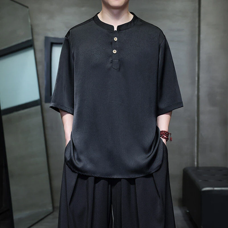 黑色缎面垂感冰丝T恤男短袖中国风汉服上衣大码宽松亨利领五分袖