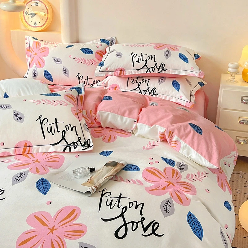 纯棉100%加厚全棉磨毛四件套学生宿舍三件套可爱双面棉被罩印花