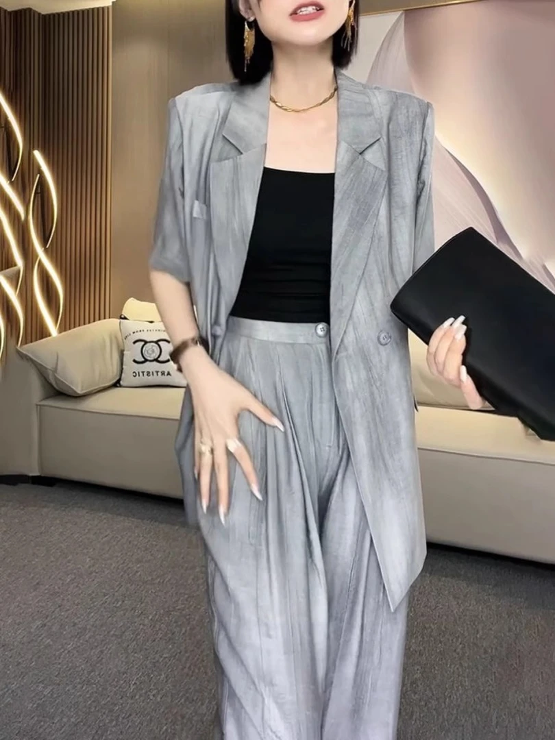 夏季大码女装薄款西装阔腿裤两件套胖mm韩版职业短袖西服西裤套装