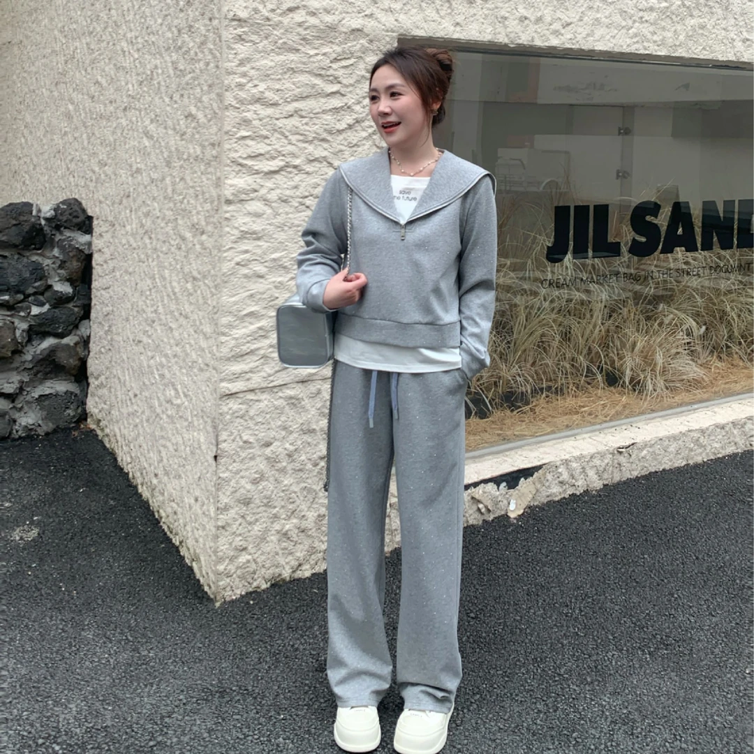 NANJIE/楠姐【冰萃轻氧系】春季带钻假两件海军领灰色套装5NJ080