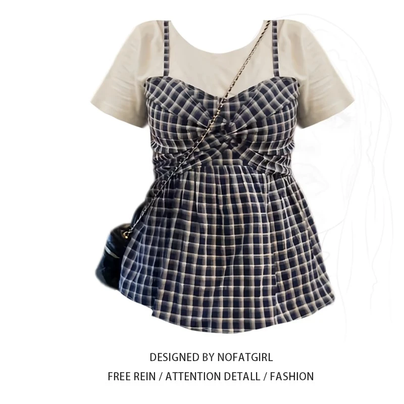 大码胖mm法式度假风假两件拼接格纹短袖T恤夏季新款减龄吊带上衣