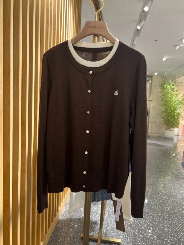 声雨竹7R728女通勤春秋季保暖薄款长袖假两件毛针织开衫女装时尚