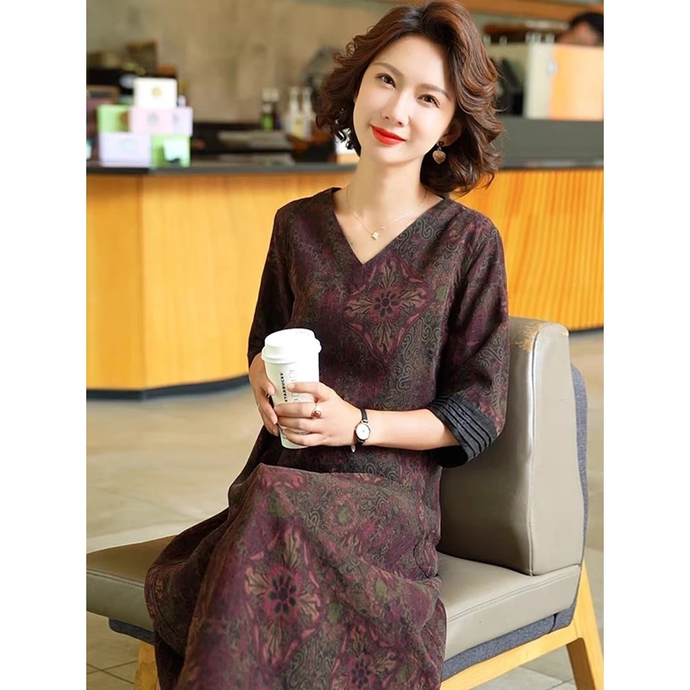 2025夏季时尚浪漫大牌杭州香云纱真丝连衣裙女气质妈妈桑蚕丝裙子