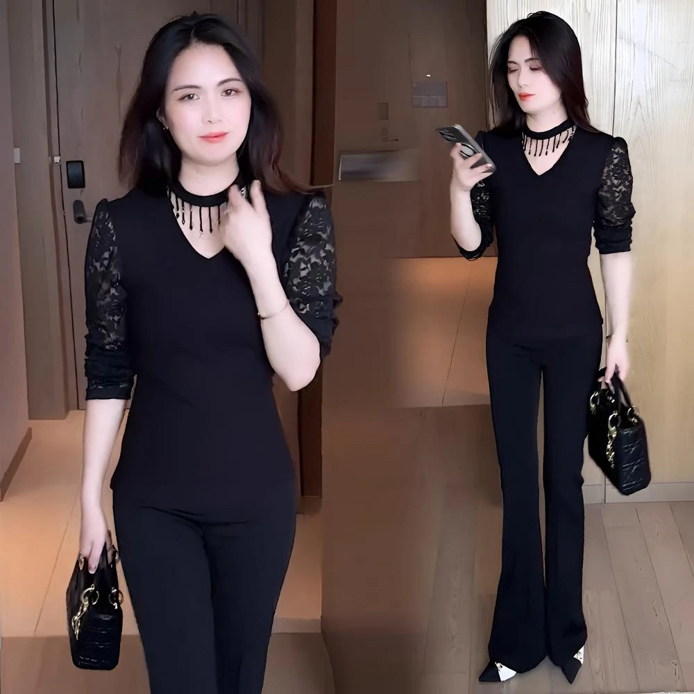 时尚蕾丝拼接长袖T恤女2025秋季新款洋气修身显瘦百搭小个子上衣