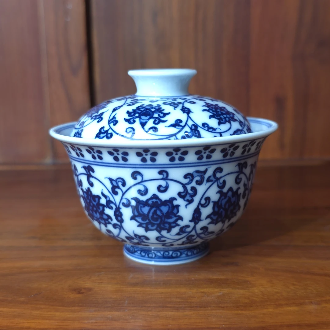 【6495】长物守藏青花缠枝莲八朵花盖碗-盖下容量120ml