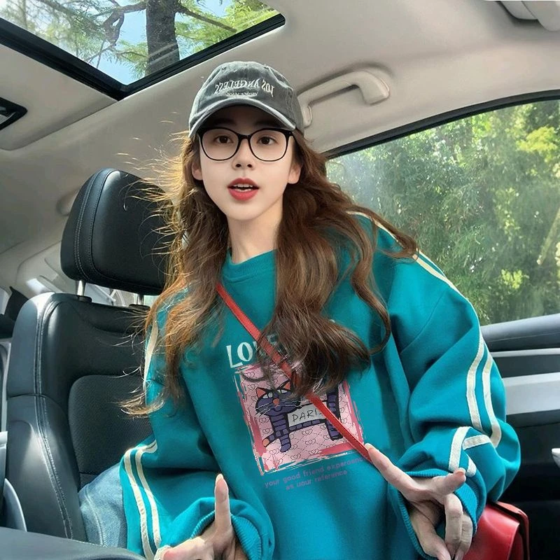 美式复古条纹设计感overisize卡通印花卫衣女时尚宽松ins潮牌上衣