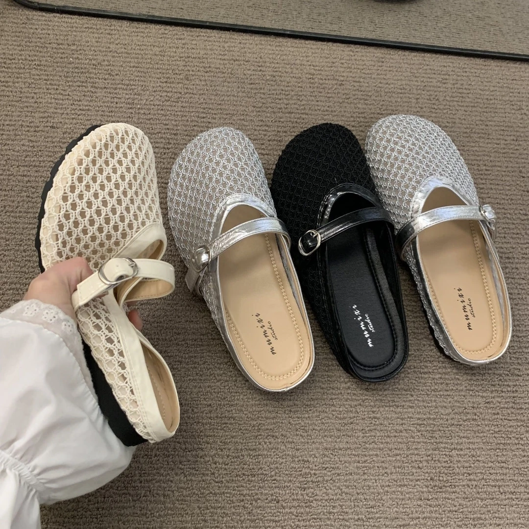 清凉夏日小众编织网面透气平底包头半托鞋女2025新款一脚蹬凉鞋