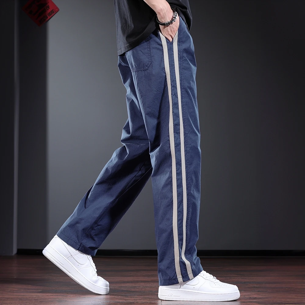 梵基弗奈测边条纹休闲裤男夏季薄款个性宽松直筒长裤潮牌蓝色男裤