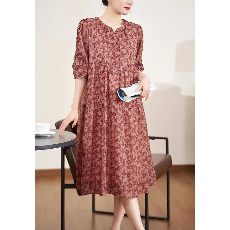 迪欧芙2025夏季新款温柔气质豆沙红圆领七分袖女连衣裙#XLQ18165