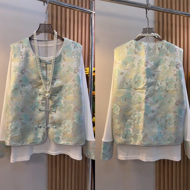 大码圆领撞色打底开衫提花马甲套装复古中国风遮肉气质百搭女装潮