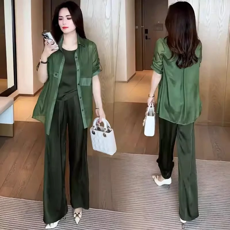 时尚套装女2025夏季新款洋气显瘦中长款防晒外披吊带阔腿裤三件套