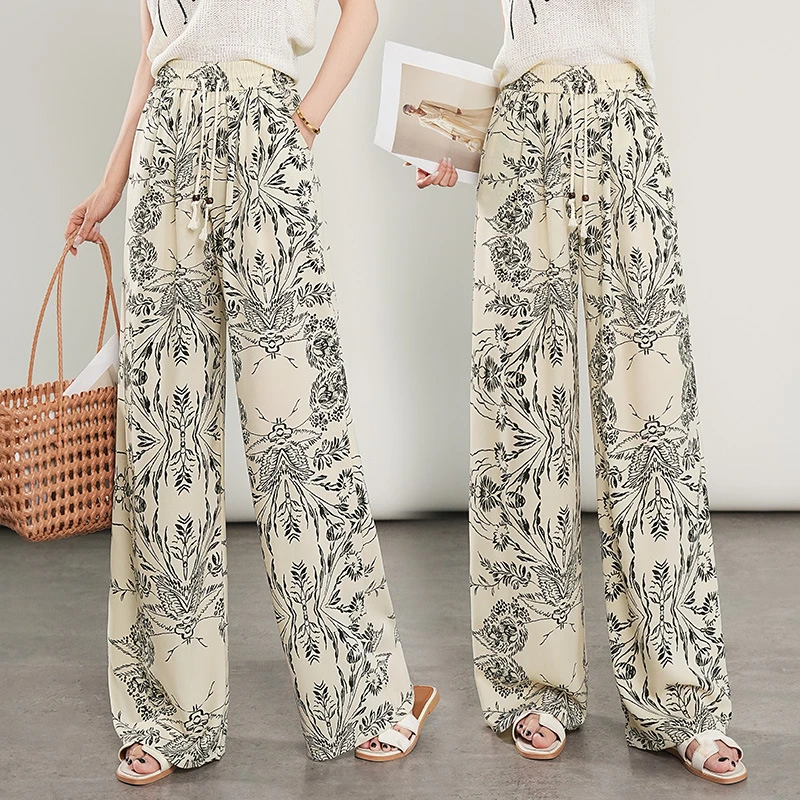 法式复古印花品质阔腿裤女夏薄款宽松显瘦慵懒松弛感品质直筒裤
