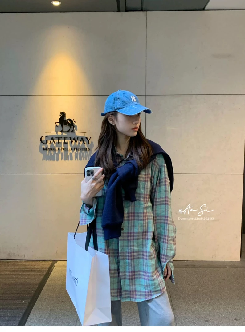 0165春季2026韩版复古辣妹格纹拼接设计感休闲百搭小众长袖衬衫女