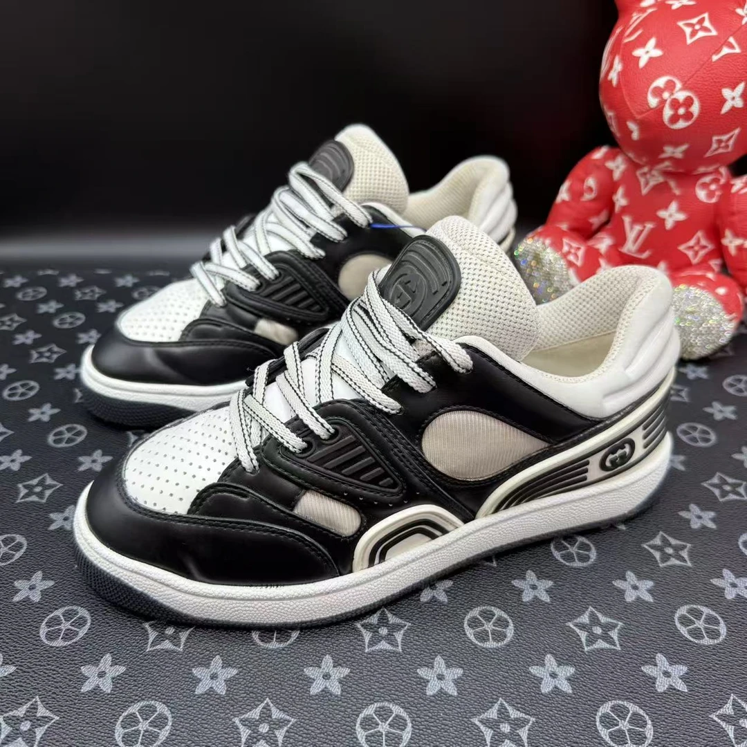 95新 GUCCI/古驰 男士黑白熊猫Basket织物板鞋38欧码 ddm3099