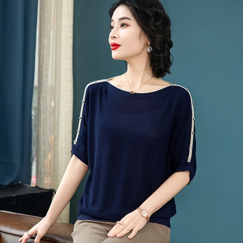 妈妈装夏款冰丝针织上衣2025新款中老年女夏装短袖T恤阔太太小衫