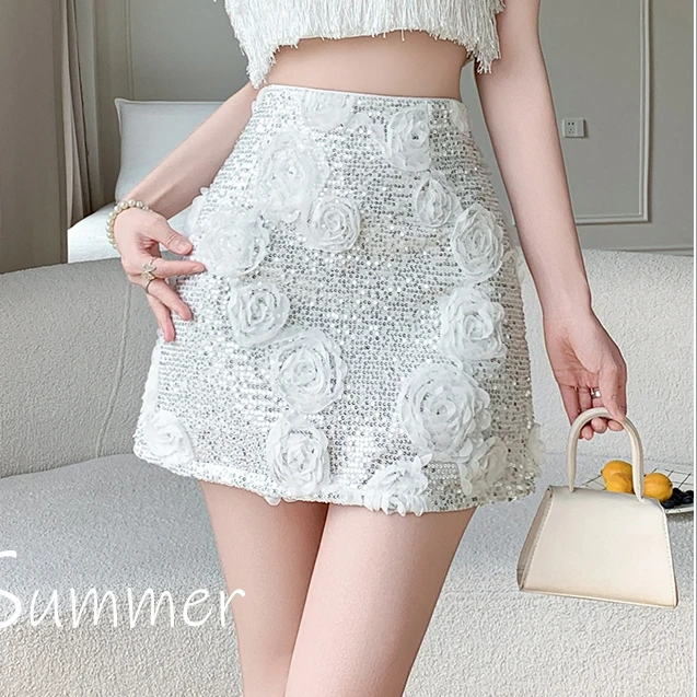 重工立体花朵亮片半身裙气质名媛夏季新款显瘦辣妹包臀裙A字短裙