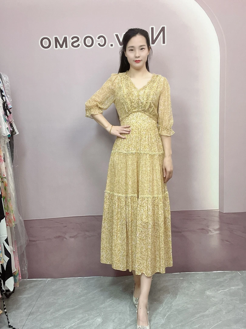 【深圳南油沐溪女装】新款夏季桑蚕丝法式碎花气质显瘦长款连衣裙