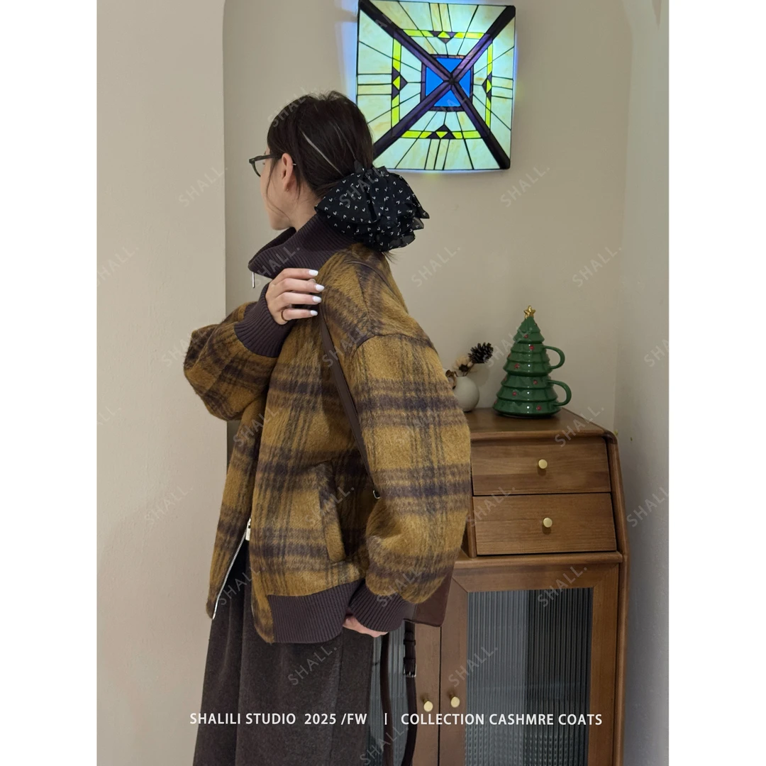 ShaLL. ’日暮 落日格纹拉链立领设计小个子拉链短款大衣外套 2601