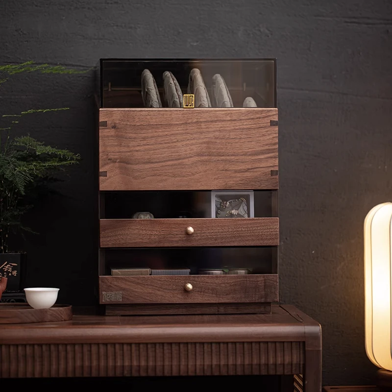 新中式胡桃木茶饼收纳柜茶杯柜带抽屉实木防尘茶壶柜置物架神器