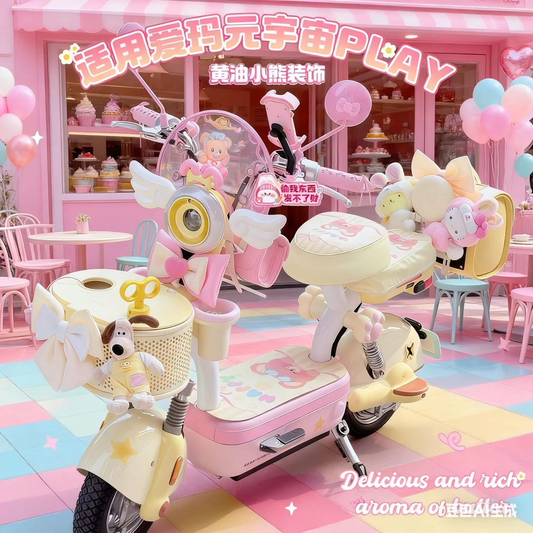 爱玛元宇宙play黄油小熊系列电动车装饰公主蝴蝶结少女心配件贴纸
