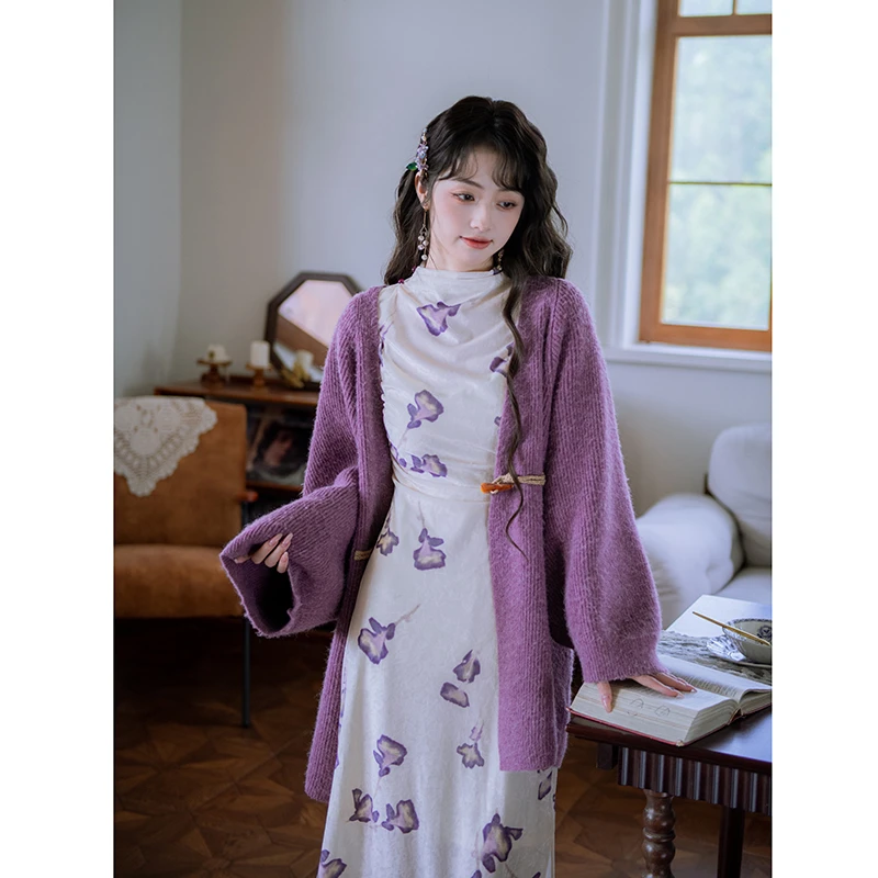 南风谷【9.15新品 立减+95折】【紫绒】紫色印花新中式连衣裙秋