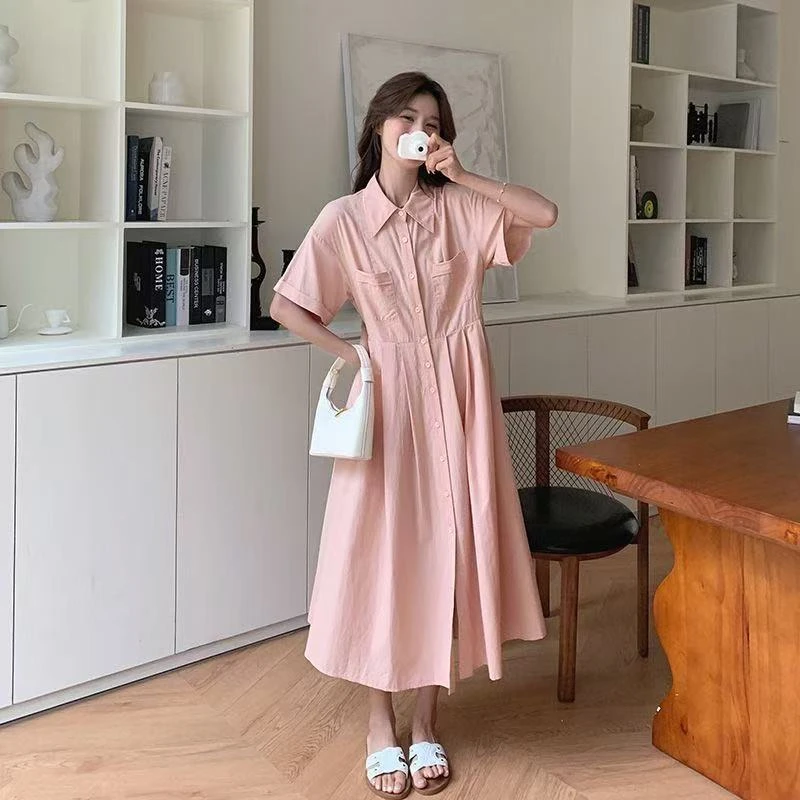 粉色法式减龄收腰衬衫裙女夏季新款宽松显瘦气质连衣裙LY#Z1474