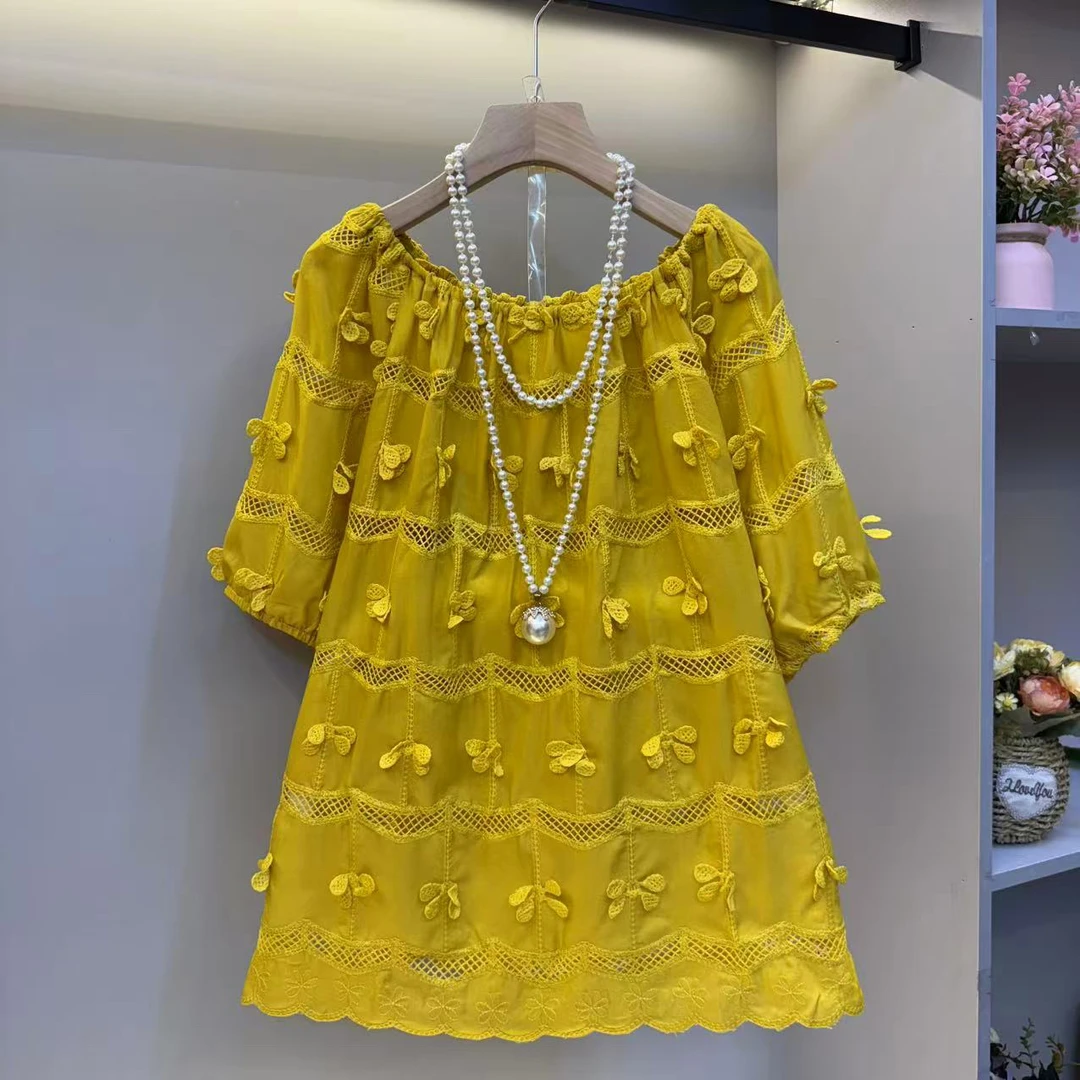 欧货2025大码女装夏季新款时尚圆领立体花朵高级感洋气短袖衫