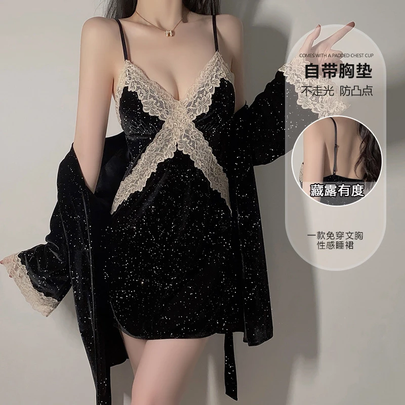 蜜桃家-丝绒款【晚点相遇】80-130斤深V聚拢加胸垫女吊带睡裙