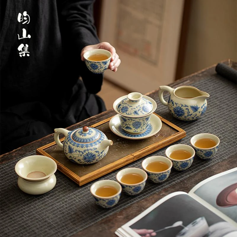 汝窑缠枝莲功夫茶具礼盒套装轻奢高档家用办公室会客茶壶盖碗茶杯