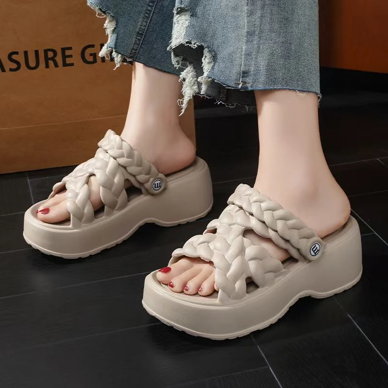 2025新款露趾一字型女鞋圆头时装凉鞋厚底学生韩版网红凉拖鞋女夏