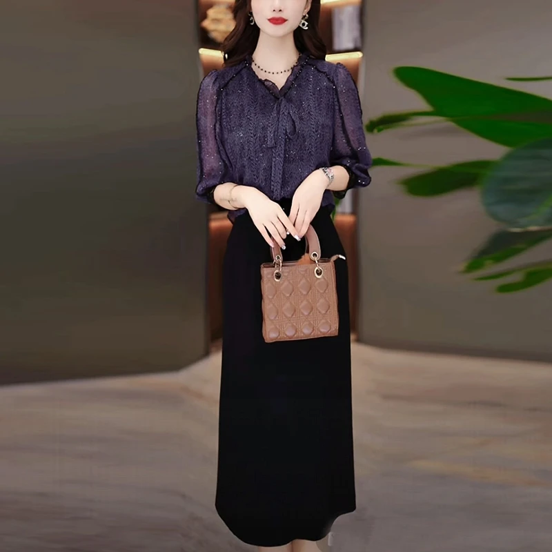 冰丽丝轻奢女装2025早秋季新款气质显瘦紫色假两件七分袖连衣裙子