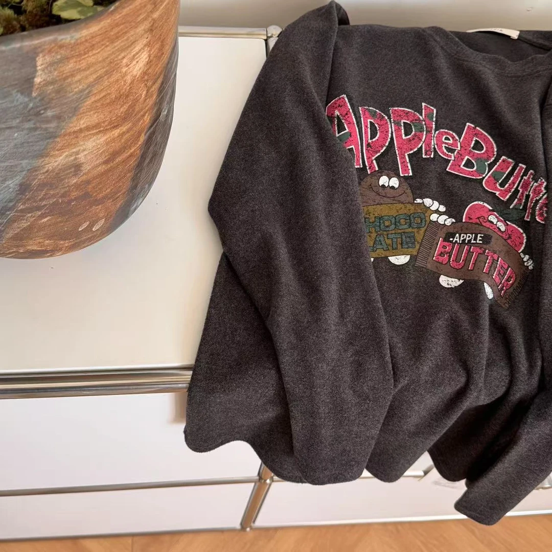 “软叽叽”  超韩小众女装百搭T恤  灰色印花长袖打底T恤女  25-049